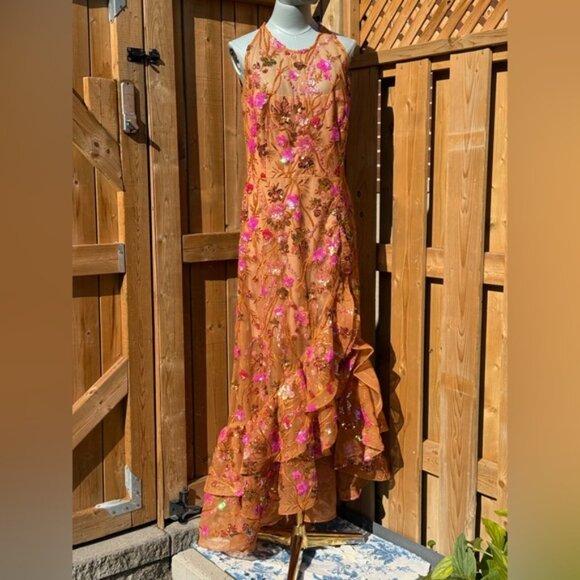 🆕 BRONX & BANCO🧿 NWOT Sicilia Coral Sequin Fluted Hem Maxi Dress, Sz L US 8 - Picture 10 of 14